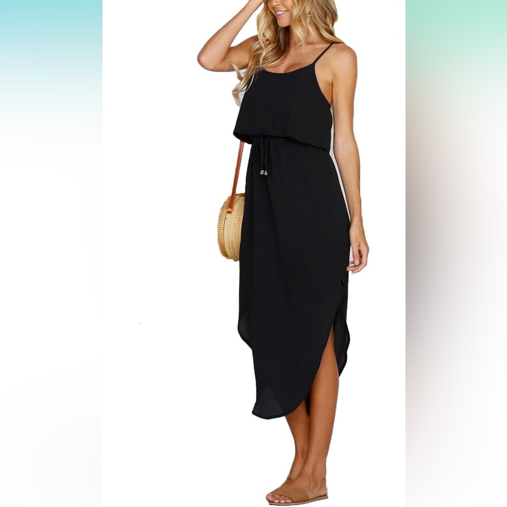 Black Strappy mid length dress.